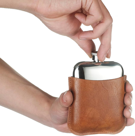 curved hip flask silver hip flask whiskey flask tanned leather 6oz hip flask