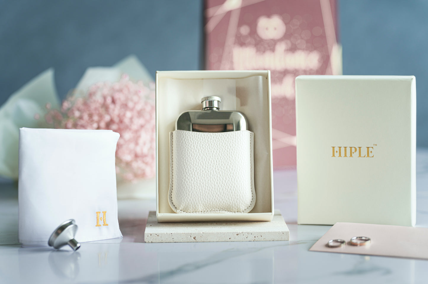 HIPLE® 6oz Hip Flasks for Women Gift with Free Hiple Handkerchief Premium Ivory PU Leather Sleeve and Stainless Steel Funnel Bridesmaid Gift and Ladies Hip Flask Womens Flask Set Whiskey Flask…