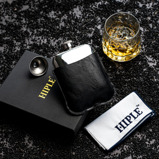 Hip Flask Gift, Black leather sleeve, silver hip flask, whiskey Flask, Black box, Cotton handkerchief, Stainless steel flask