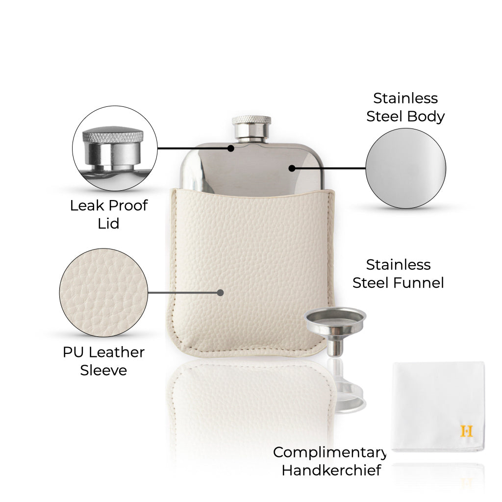 HIPLE® 6oz Hip Flasks for Women Gift with Free Hiple Handkerchief Premium Ivory PU Leather Sleeve and Stainless Steel Funnel Bridesmaid Gift and Ladies Hip Flask Womens Flask Set Whiskey Flask…