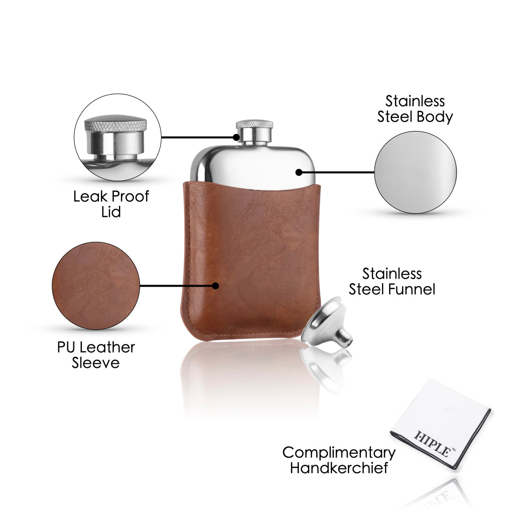 HIPLE® 6oz Stainless Steel Hip Flask Gift Set with Tan Leather Sleeve, Free Hankie and Funnel