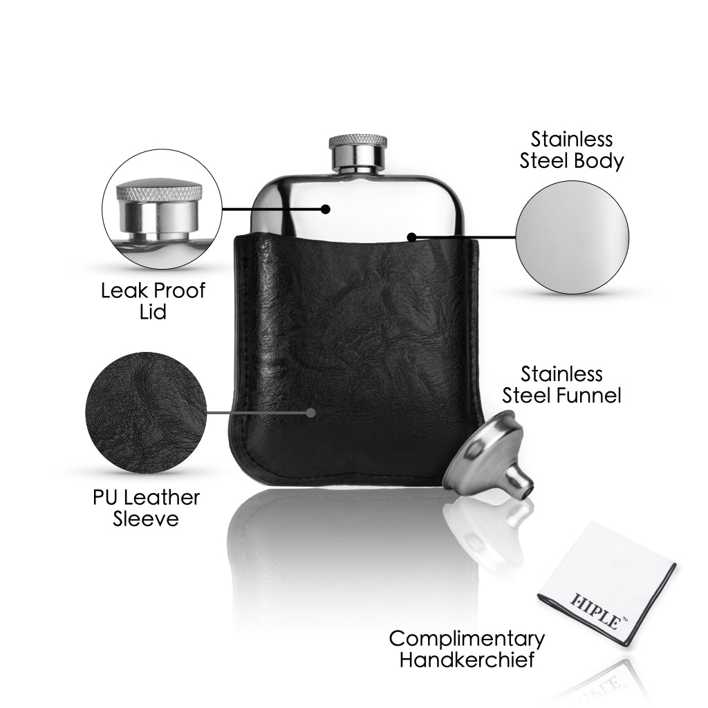 Hip Flask Gift, Black leather sleeve, silver hip flask, whiskey Flask, Black box, Cotton handkerchief, Stainless steel flask