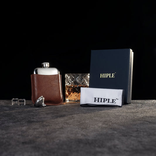 HIPLE® 6oz Stainless Steel Hip Flask Gift Set with Tan Leather Sleeve, Free Hankie and Funnel