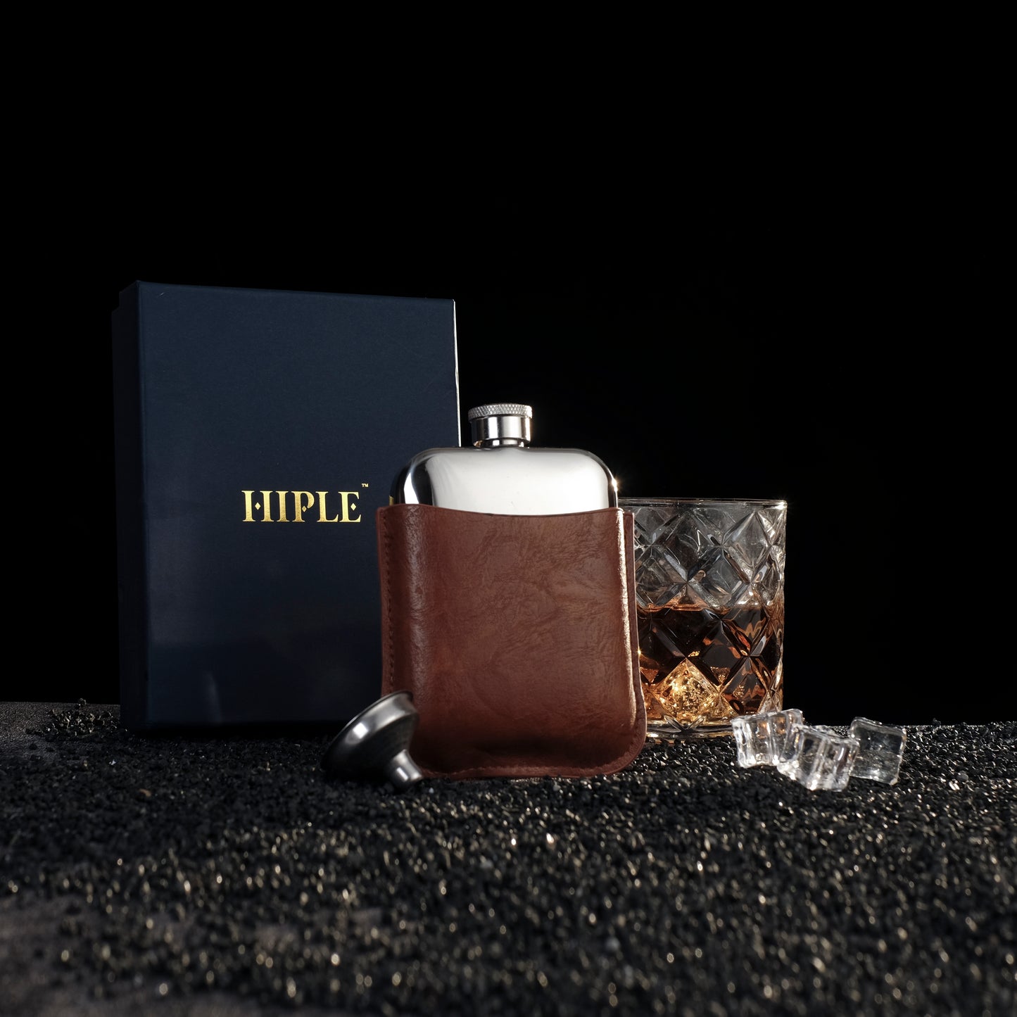 HIPLE® 6oz Stainless Steel Hip Flask Gift Set with Tan Leather Sleeve, Free Hankie and Funnel