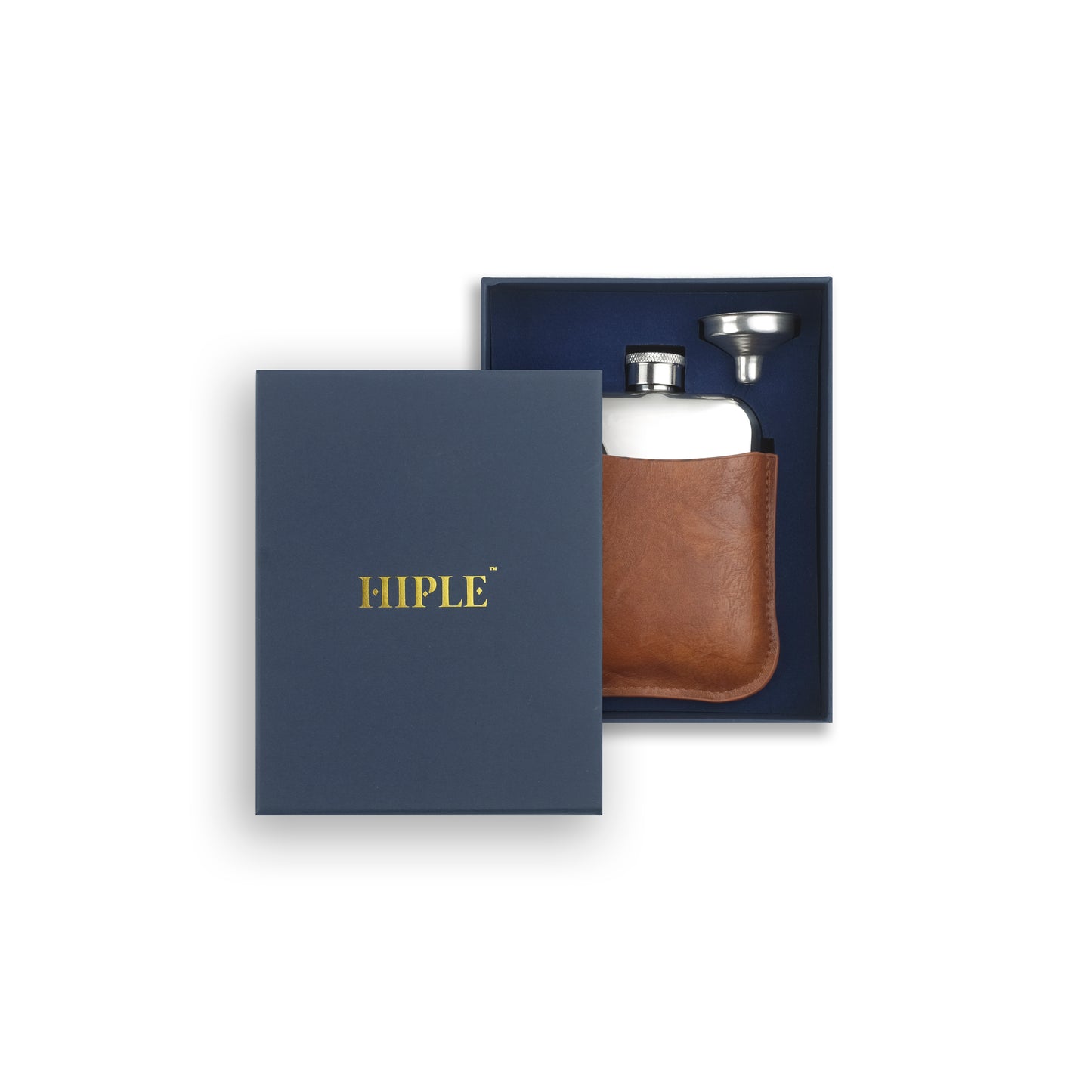 HIPLE® 6oz Stainless Steel Hip Flask Gift Set with Tan Leather Sleeve, Free Hankie and Funnel